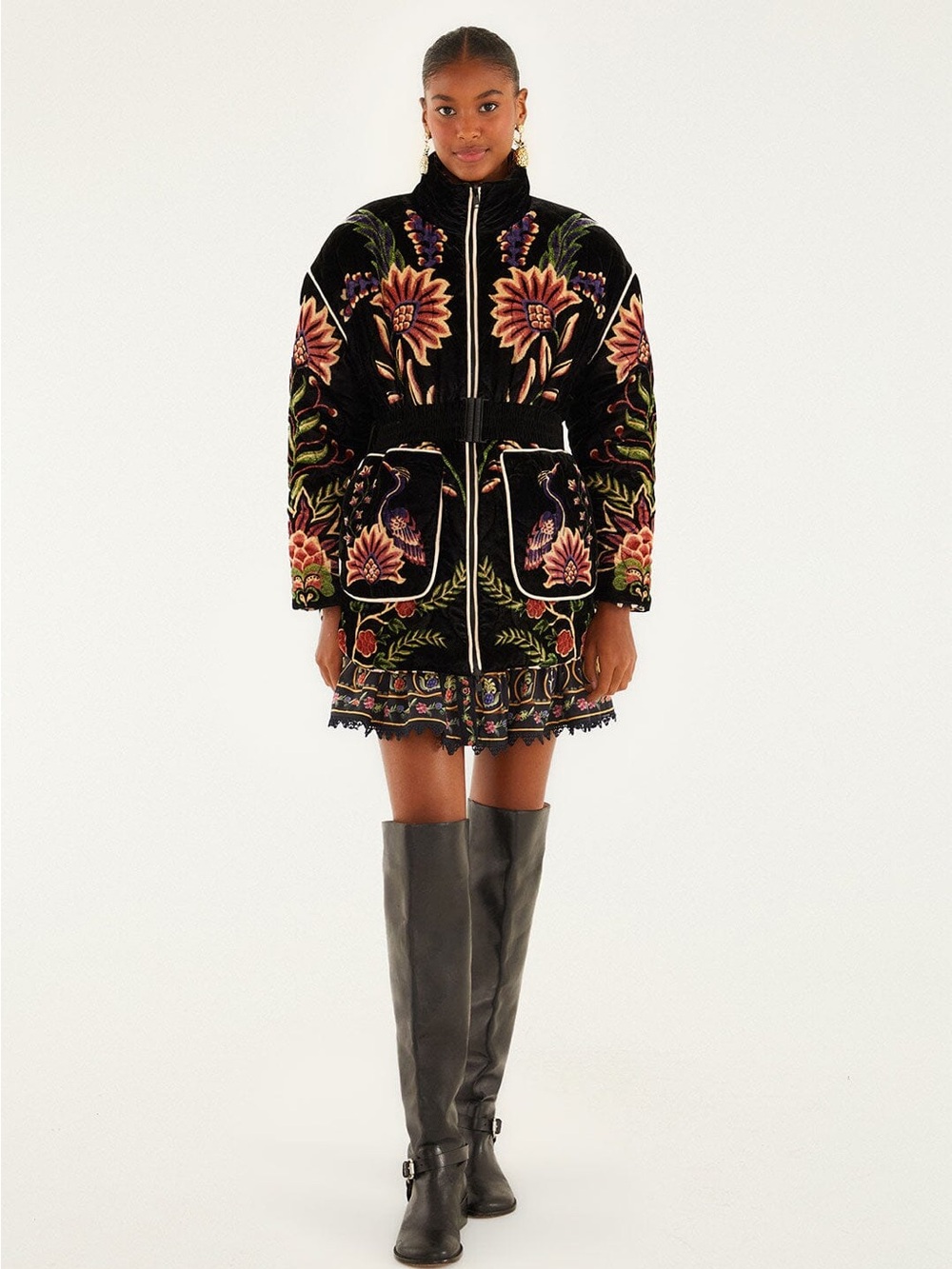 Farm Rio Black Marvelous Garden Puffer Jacket